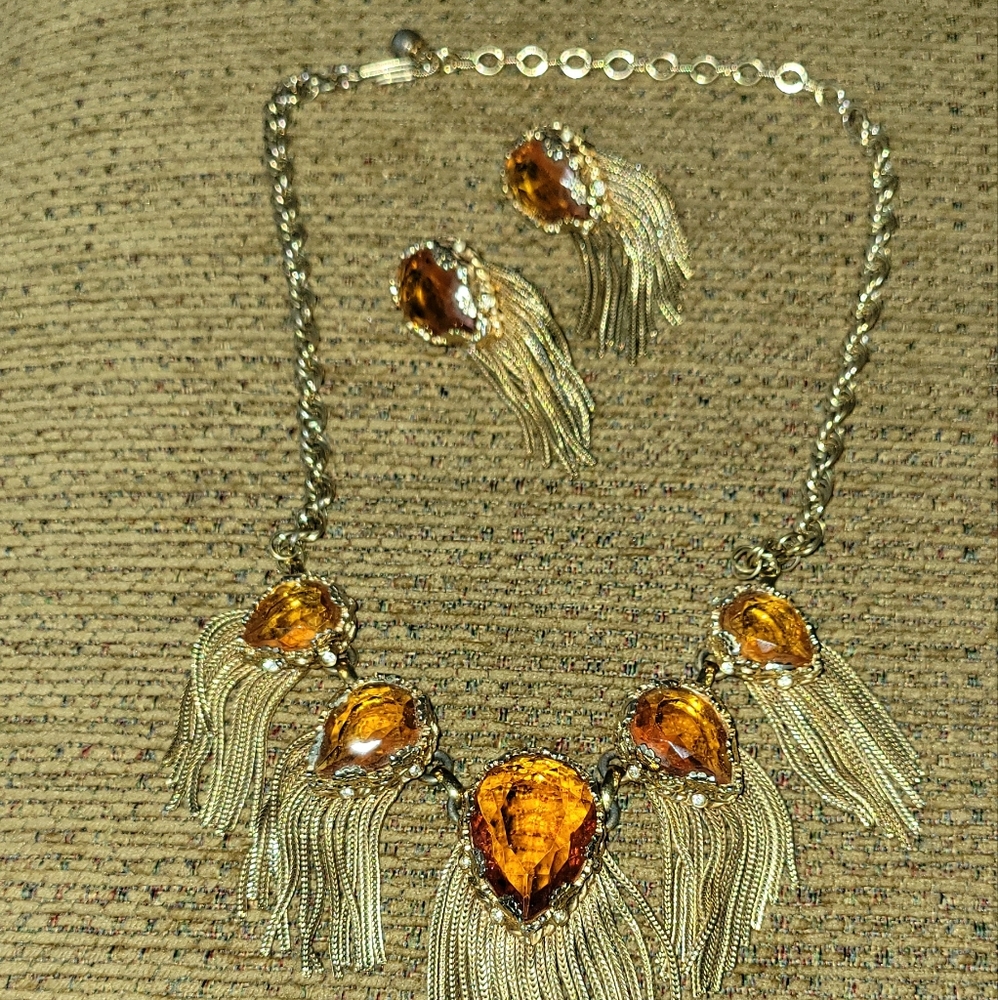 Hattie Carnegie Golden Waterfall Citrine Necklace & Earrings Set